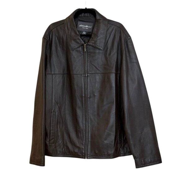 Vintage Eddie Bauer Men's Lambskin Leather Moto Zip Front Jacket Brown Sz XLT - Picture 1 of 6